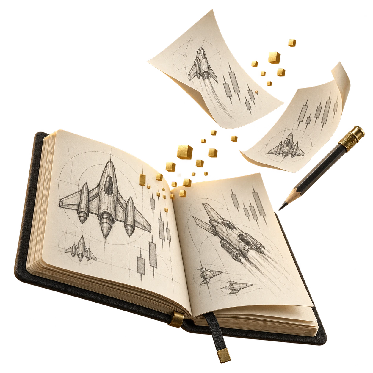 Ilustrasi AI buku sketsa, lembar ide, dan pensil yang melayang.
